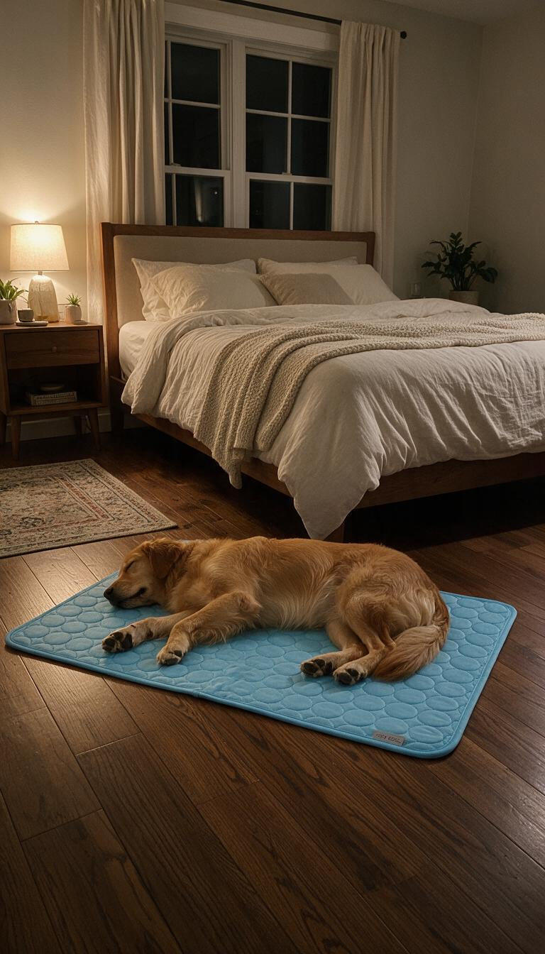 Dog resting peacefully on the CoolPaw mat at night